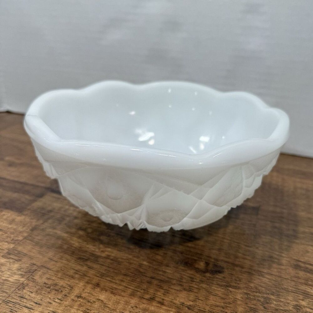 White Milk Glass Pressed Quilt Pattern Round Bowl, Scalloped Rim, Glossy